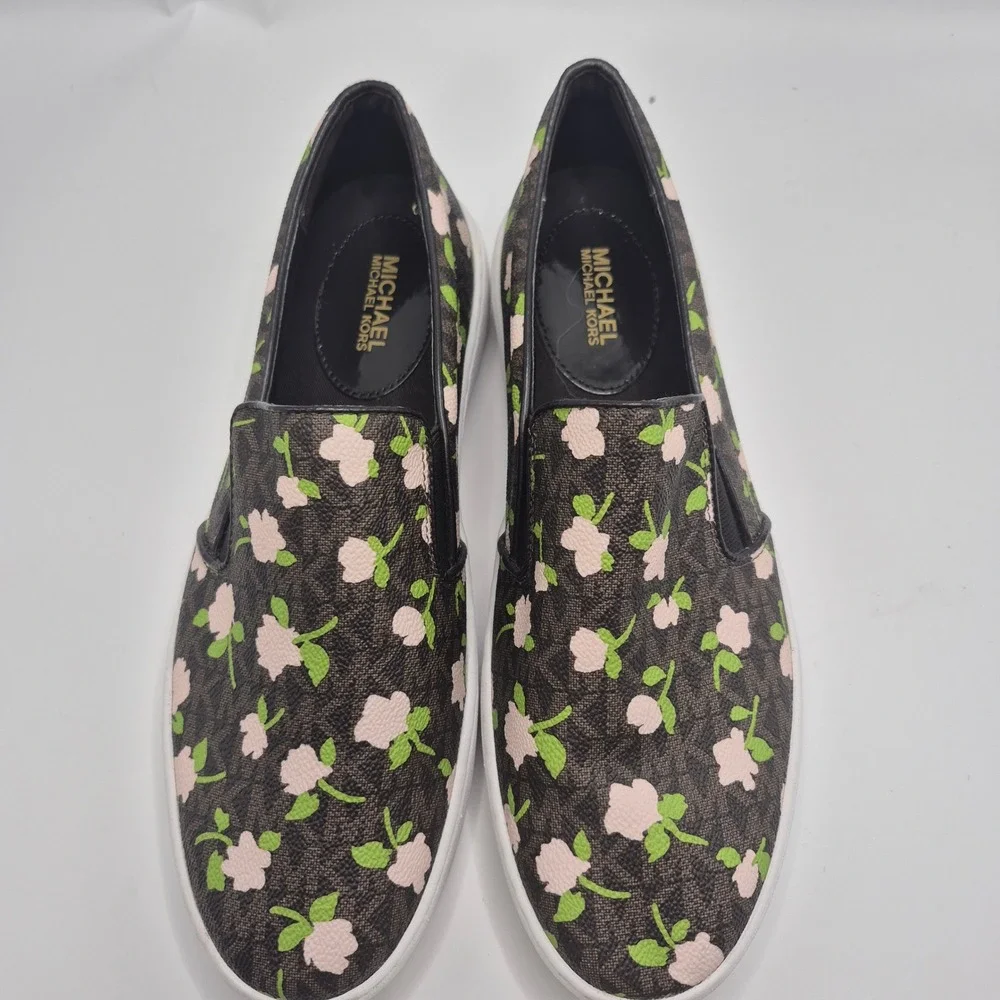 Michael Kors Keaton Slip On Sneakers Floral MK Monogram Brown Pink 9.5M FT20L